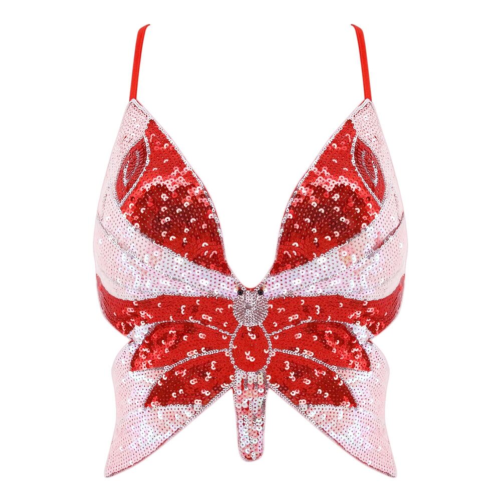 2825 ’s Sexy Butterfly Shape Sequin Crop Top Bandage Lace up Tank Top Belly